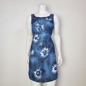 Vintage 90s Villoria Virini Blue Floral Semi-Sheer Dress